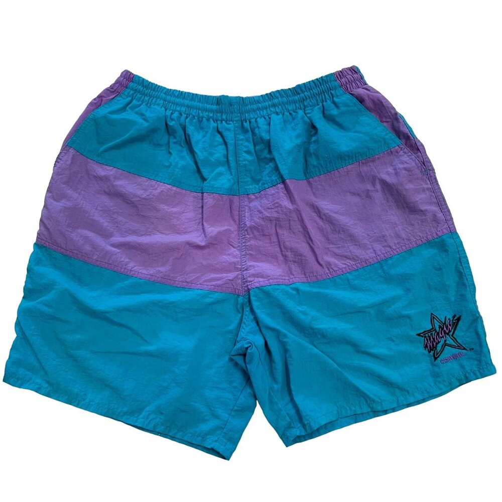 Vintage 80s Swim Trunks Shorts Converse Magic Johnson Collab L Teal Purple Lined